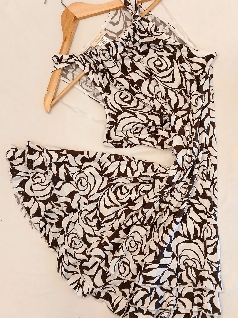 Prelude Floral Tiered Halter Dress Brown White Rose Print Maxi XL NWOT